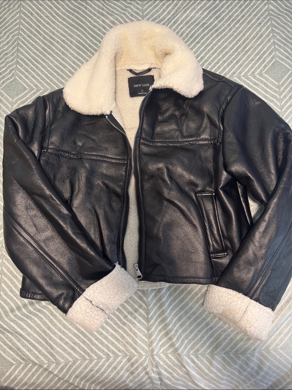 New Look Black Faux Leather Jacket with Cream Sherpa Collar